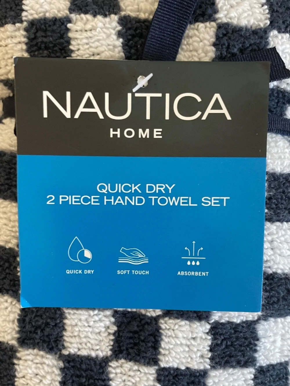Set 2 Nautica Navy Blue + White Check 16” x 28” Hand Towels Brand New NWT!